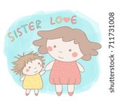 Cute vector hand drawn style illustration of two adorable little sisters holding hands