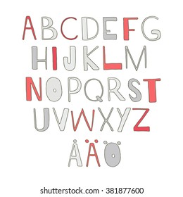 cute vector hand drawn swedish alphabet in grey and red shades