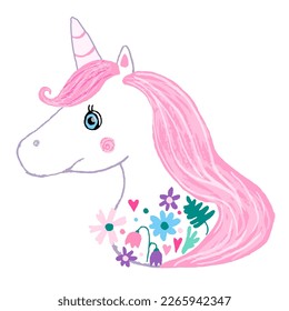 Cute vector hand drawn unicorn head with pink hair and colorful flowers