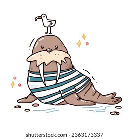 cute vector hand drawn walrus with seagull, colorful art. vector illustration for print
