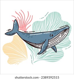 ballena dibujada a mano vectorial lindo, arte colorido. ilustración vectorial para impresiones