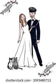 Cute vector hand drawnd illustration of wedding couple. Ideal for print, wedding card, stickers and more.