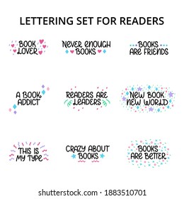 Cute vector hand lettering set for book lovers and readers. Books, magic, stars. Vector template for card, postcard, banner, poster, sticker and social media
