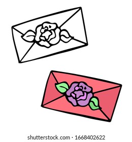 sobre adorable de dibujos animados hechos a mano por vectores con una flor de rosa. saludo la letra de primavera. dos versiones de sobres son de color y blanco y negro. aislado en un fondo blanco.