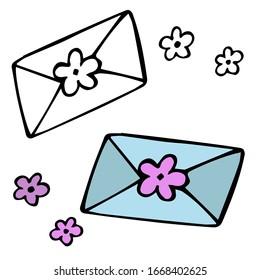 cute vector hand-drawn cartoon envelope with a flower. greeting the spring letter. two versions of envelopes are color and black and white. isolated on a white background.