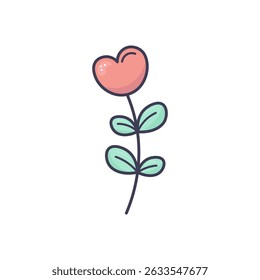 Cute vector hand-drawn flower with a heart-shaped bud and teal leaves. Simple doodle-style illustration with bold outlines, perfect for Valentine’s Day, romantic designs, kids’ crafts 