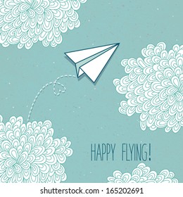 Cute vector hand-drawn greeting card with a paper airplane and clouds.