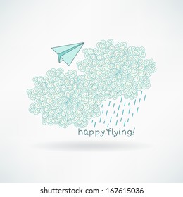 Cute vector hand-drawn greeting card with a paper plane and clouds.