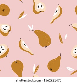 Cute vector hand-drawn pears on the pink background. Seamless fruit print design for fabrics or wrapping paper.