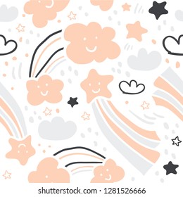 Cute vector handdrawn seamless pattern sky elements - stars and clouds. Stylish scandinavian minimalistic baby clothing seamless pattern. Perfect for baby textile, posters, fabrics, tshirts