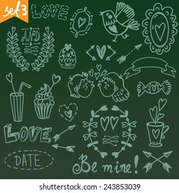 Cute Vector Hand-drawn set of lovely graphic elements for greeting card and valentine day. Set 3