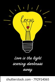 Cute vector handwritten illustration about love and feelings. Heart-shaped lightbulb, eps 10