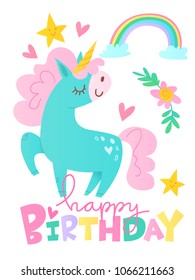 Cute vector happy birthday card with cartoon dreaming unicornwith rainbow