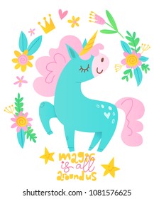 Cute vector happy birthday card with cartoon magic unicorn character and motivational text. Dream like a unicorn.