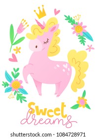 Cute vector happy birthday card with cartoon magic unicorn character and sweet dreams text