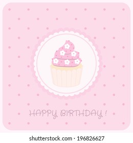 Cute vector happy birthday card with cupcake. 