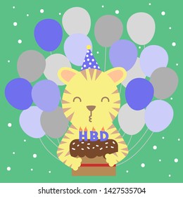 cute vector happy birthday tiger blow candle