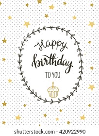 Cute vector happy birthday to you card with cake and wreath. Vector illustration. Greeting card with stylish lettering phrase.