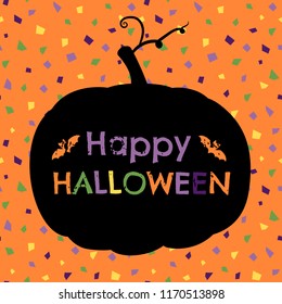 Cute vector Happy Halloween greeting card, flyer or brochure on confetti background in orange, purple, yellow and green colors