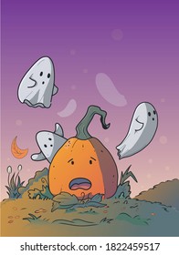Cute vector Happy Halloween poster or card design in doodle, cartoon style. Halloween holiday tamplate with cute pumpkin and 
ghosts at sunset. The  night comes  the ghosts wake up. 