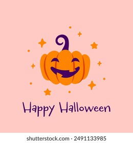 Nette Vektorgrafik Happy Halloween Print mit Kürbis und Sternen auf rosa Hintergrund. Halloween-Illustration zur Begrüßung Banner, Postkarte, Web