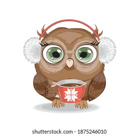 Cute vector happy new yaer. Merry Christmas, owl in fur headphones, headphoneswith hot coffee, tea cup, picture in hand drawing style, for t-shirt wear print design, greeting card, postcard. party