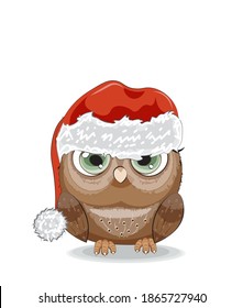 Cute vector happy new year. Merry Christmas, owl in Santa hat, picture in hand drawing cartoon style, for t-shirt wear fashion print design, greeting card, postcard. party invitation.