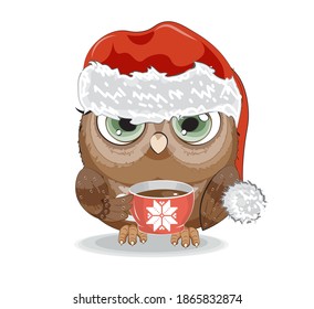 Cute vector happy new year. Merry Christmas, owl in Santa hat with hot coffee, tea cup, picture in hand drawing style, for t-shirt wear fashion print design, greeting card, postcard. party invitation