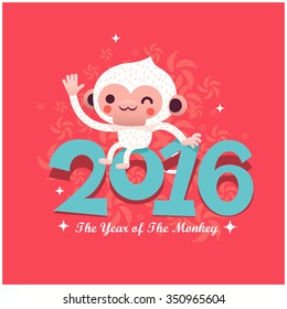 Cute Vector Happy New Year Card - The Year of The Monkey on Pink Background