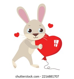 Cute vector hare with a big balloon in the form of a heart.