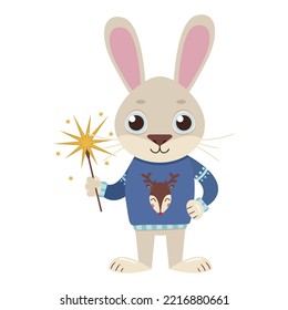 Cute vector hare in a deer sweater holds a sparkler in his hand.
