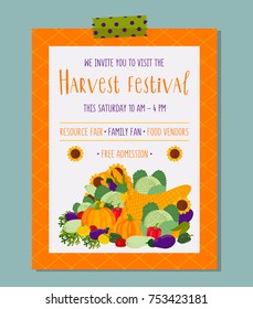 Cute vector Harvest festival invitation template. Background with pumpkins, cornucopia and written text.
