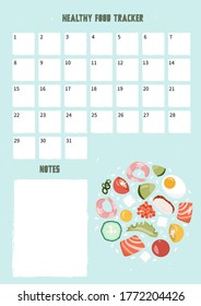 Rastreador de alimentos sano vector lindo con cuadrícula mensual y lugar para notas. Un rastreador con comida. Bonita ilustración plana vectorial en estilo de dibujos animados. Planificador alimentario saludable para desarrollar hábitos útiles.