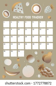 Cute vector healthy food tracker with month grid and place for notes. A tracker with fruits. Nice vector flat illustration in cartoon style. Healthy food planner to develop useful habits.
