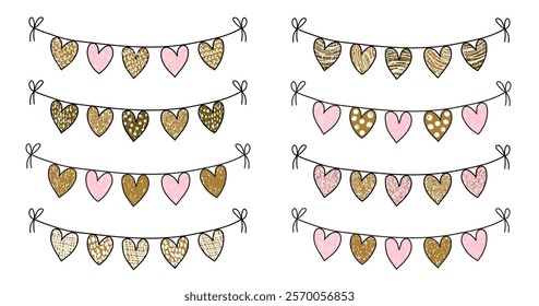 Cute vector heart shaped doodle buntings in pink and gold colors for baby shower and wedding designs