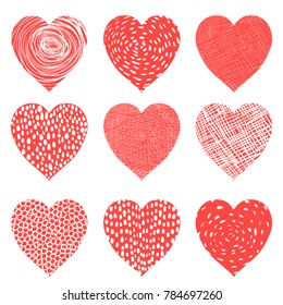 Cute vector hearts in red and white colors for Valentine's day for greeting cards and invitations