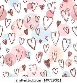 Cute vector hearts seamless background. Abstract pastel ornament with pink watercolor spots on background. Romantic textured pattern for wrapping paper and wallpaper design.