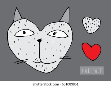 Cute vector hearts set in hand drawn. Gray and red cartoon illustration. Cat head is heart shaped. Happy love kitten for t shirt, stickers for kids