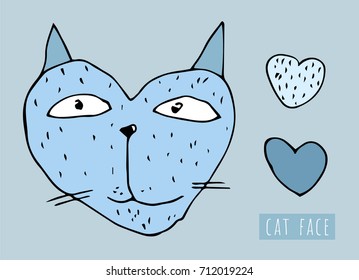 Cute vector hearts set in hand drawn. Blue cartoon illustration. Cat head is heart shaped. Happy love kitten. stickers for st Valentines Day