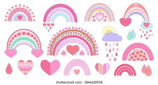 Cute vector heavenly set: rainbows, clouds, sun, rain, drops. For children's textiles, decor, postcards, albums, posters. Drawn in a flat style. Hearts, love, Valentine's Day, romance.