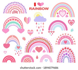 Cute vector heavenly set: rainbows, clouds, sun, rain, drops. For children's textiles, decor, postcards, albums, posters. Drawn in a flat style. Hearts, love, Valentine's Day, romance.