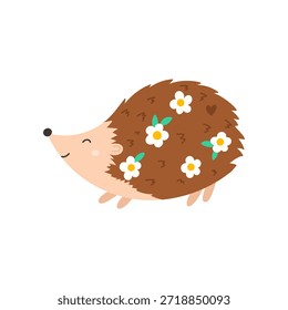 Lindo erizo de Vector con flores blancas y hojas verdes en su espalda. Adorable ilustración de primavera para niños, pegatinas, tarjetas y proyectos educativos.