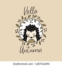 Cute vector hedgehog in wreath. Perfect for tee shirt logo, poster or card design.