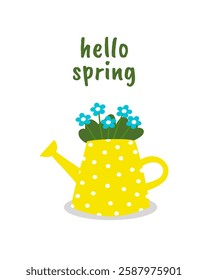 Cute vector Hello Spring illustration with a spring floral bouquet in yellow kettle. Scrapbooking, greeting card, poster, tag. EPS10