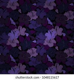 Cute vector hibiscus flowers print. Vector illustration. Floral vintage seamless pattern in gray, black and violet colors.