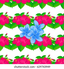 Cute vector hibiscus flowers print. Vector illustration. Floral vintage seamless pattern on a white background.