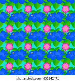 Cute vector hibiscus flowers print. Vector illustration. Floral vintage seamless pattern on a blue background.
