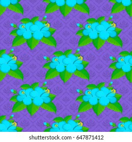 Cute vector hibiscus flowers print. Vector illustration. Floral vintage seamless pattern on a violet background.