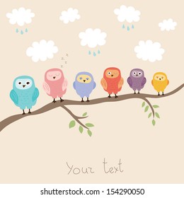 Cute vector holiday card with funny owls on the branch