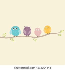 Cute vector holiday card. Multicolored funny owls on the branch. Can be used for celebration card, invitation, children poster.
